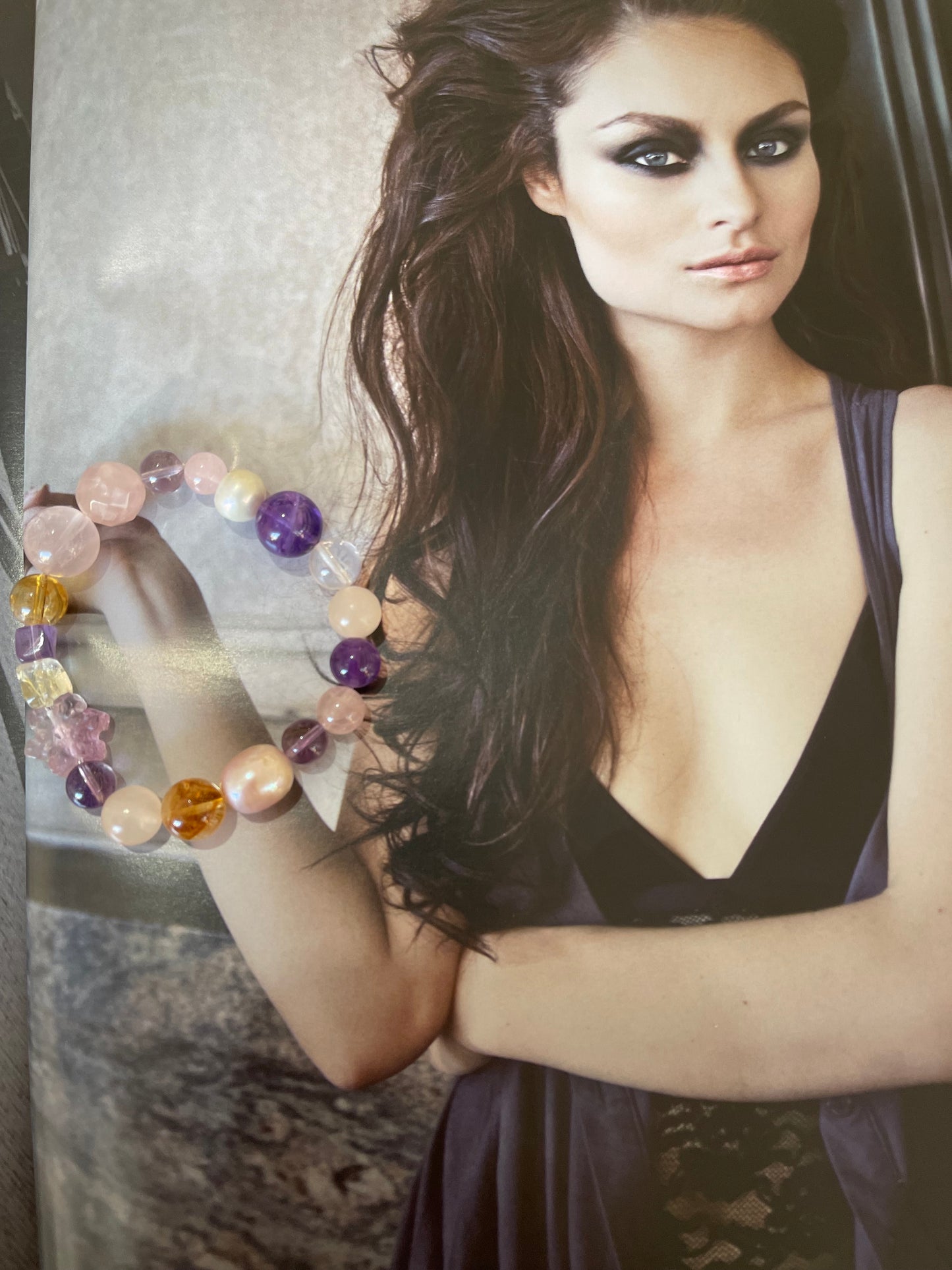 Pulsera amatista cuarzo rosa perla río fluorita y cuarzo blanco