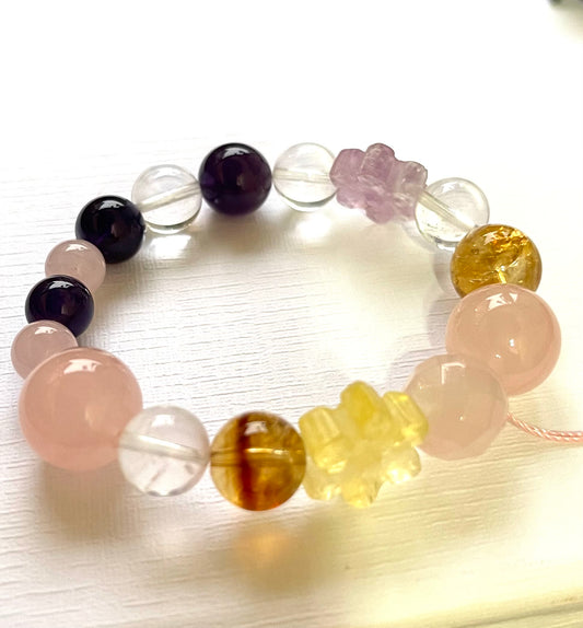 Pulsera amatista cuarzo rosa perla río fluorita y cuarzo blanco